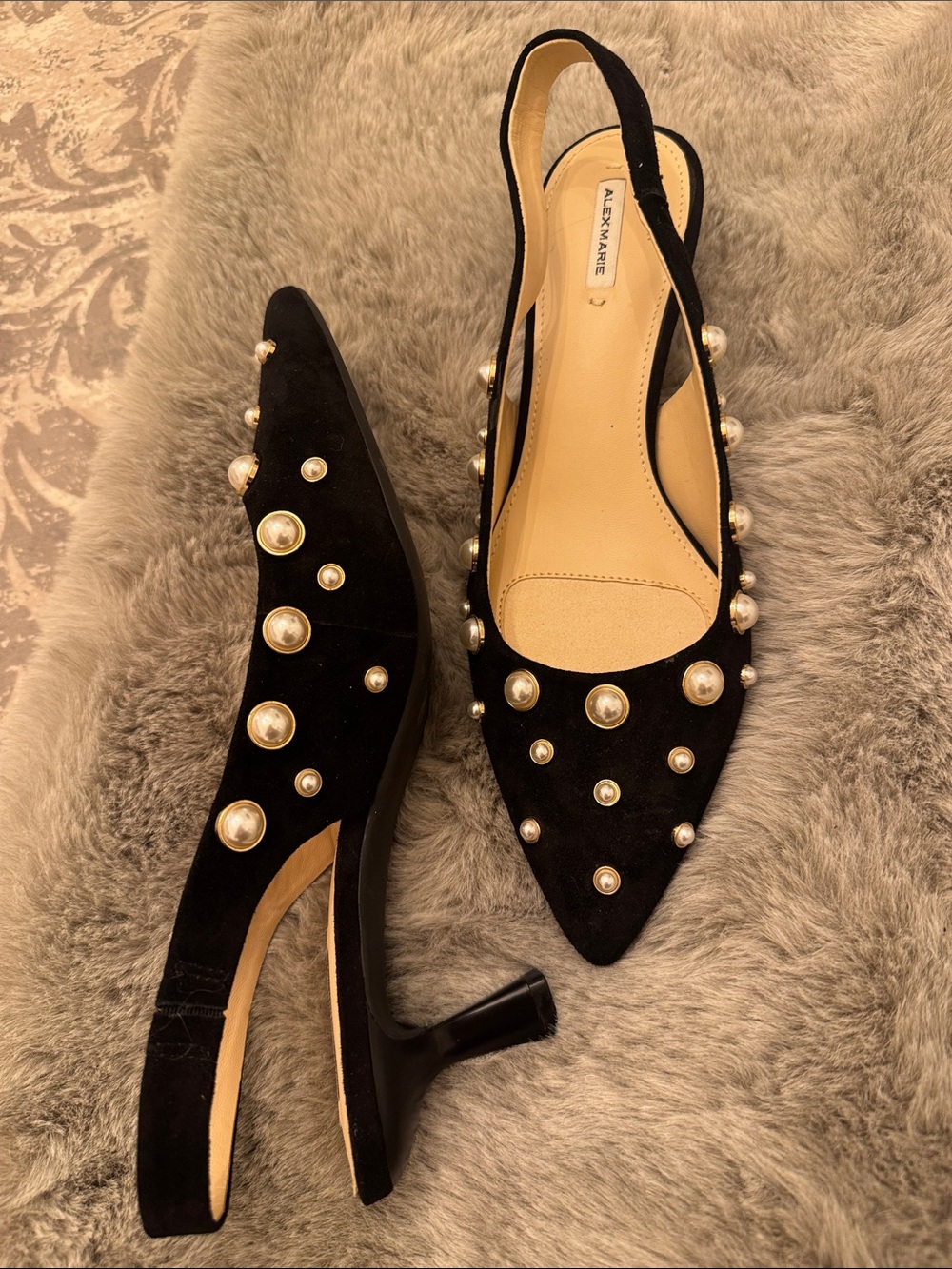 Alex Marie Black Pearl-Studded Slingback Pumps